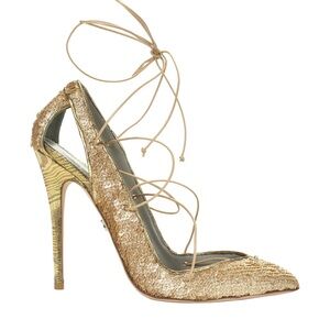 Monika Chiang Gold Sequin Lace-Up Heels